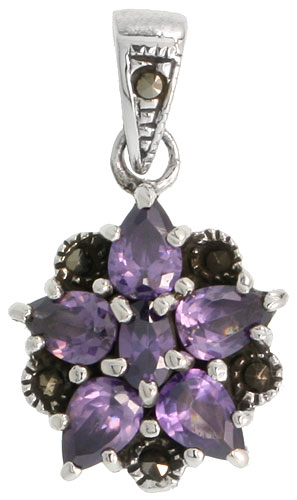 Sterling Silver Marcasite Flower Pendant, w/ Pear &amp; Oval Cut Amethyst CZ Stones, 3/4&quot; (19 mm) tall