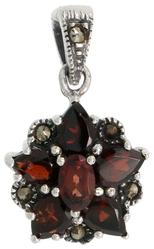 Sterling Silver Marcasite Flower Pendant, w/ Pear &amp; Oval Cut Garnet Stones, 3/4&quot; (19 mm) tall