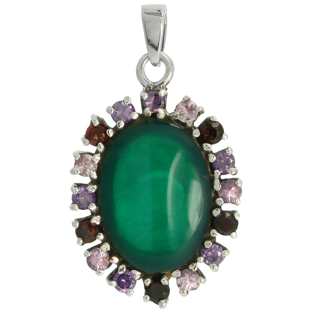 Sterling Silver Marcasite Cluster Pendant, w/ Oval Cabochon 20x15 mm Emerald Color CZ Stone, 1 5/16&quot; (33 mm) tall