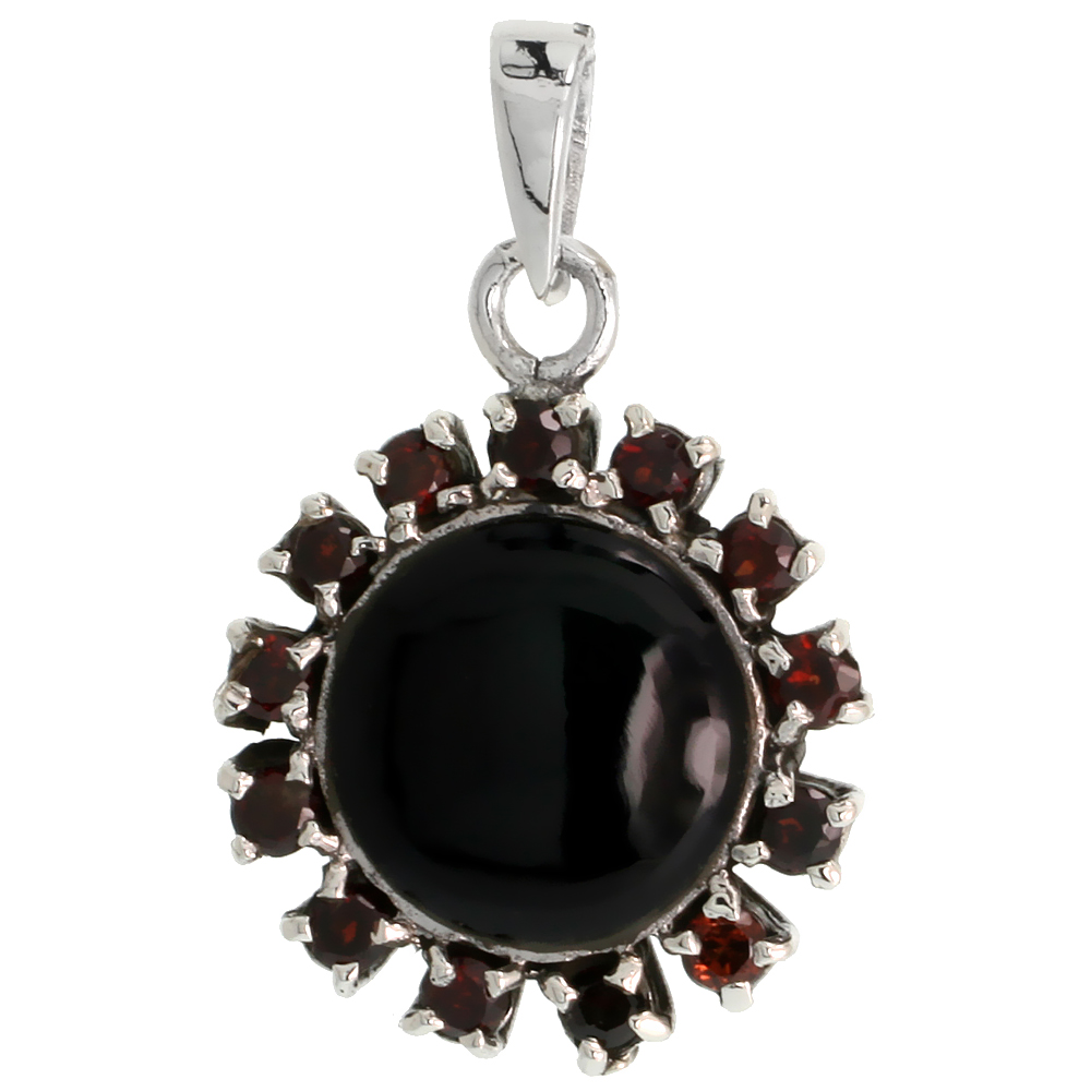 Sterling Silver Marcasite Cluster Pendant, w/ Round Cabochon 14 mm Jet Stone &amp; Brilliant Cut Garnet Stones, 1 1/16&quot; (27 mm) tall