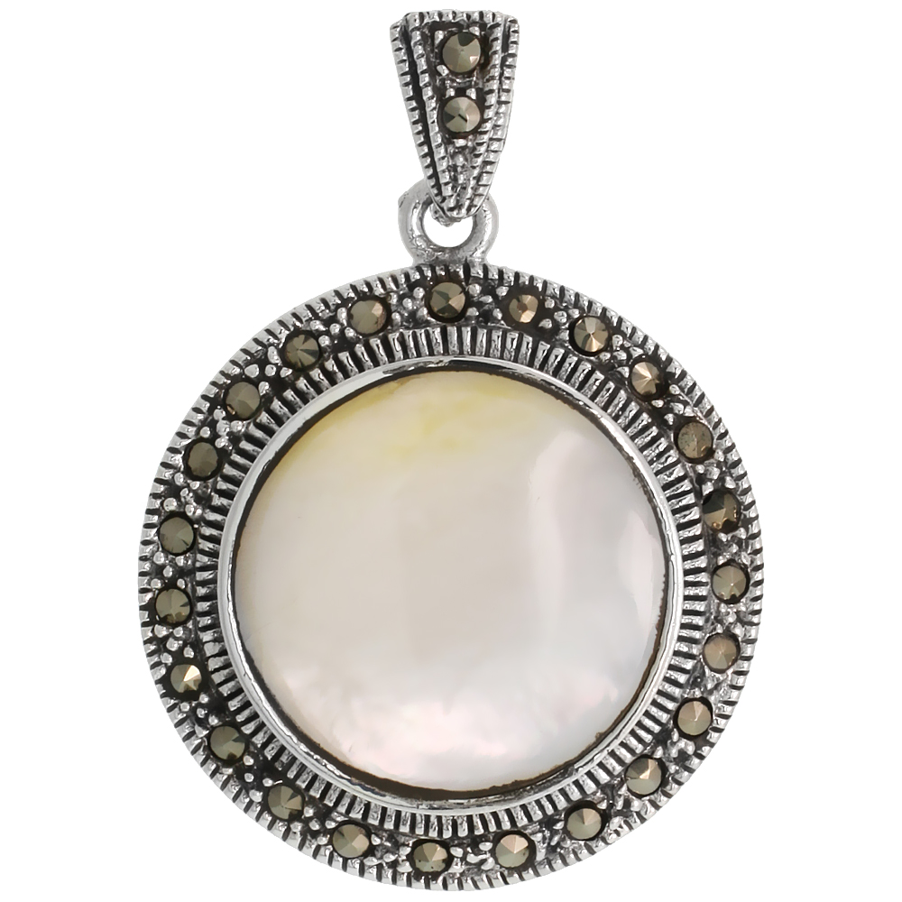 Sterling Silver Marcasite Round Pendant, w/ Cabochon Cut 21 mm Mother of Pearl, 1 3/8&quot; (34 mm) tall