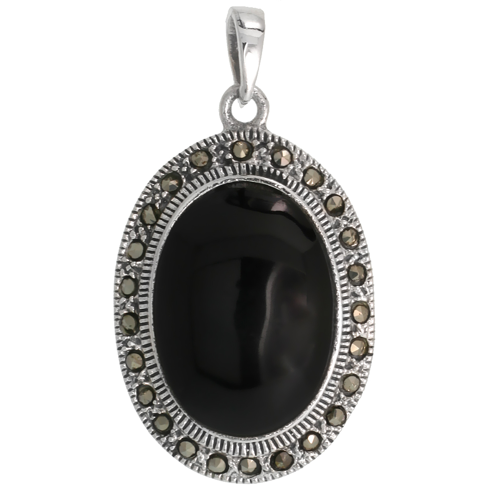 Sterling Silver Marcasite Oval Pendant, w/ Cabochon Cut 24x18mm Jet Stone, 1 7/16&quot; (37 mm) tall