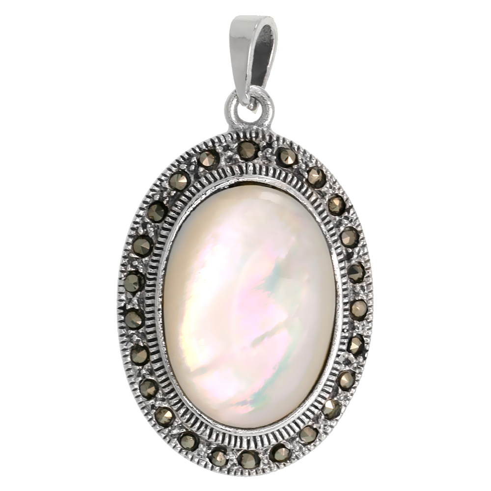 Sterling Silver Marcasite Oval Pendant, w/ Cabochon Cut 24x18mm Mother of Pearl, 1 7/16&quot; (37 mm) tall