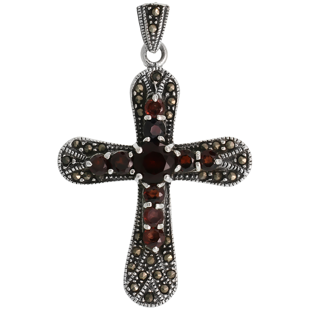 Sterling Silver Marcasite Rounded Cross Pendant, w/ Brilliant Cut Garnet Stones, 2 1/16&quot; (52 mm) tall