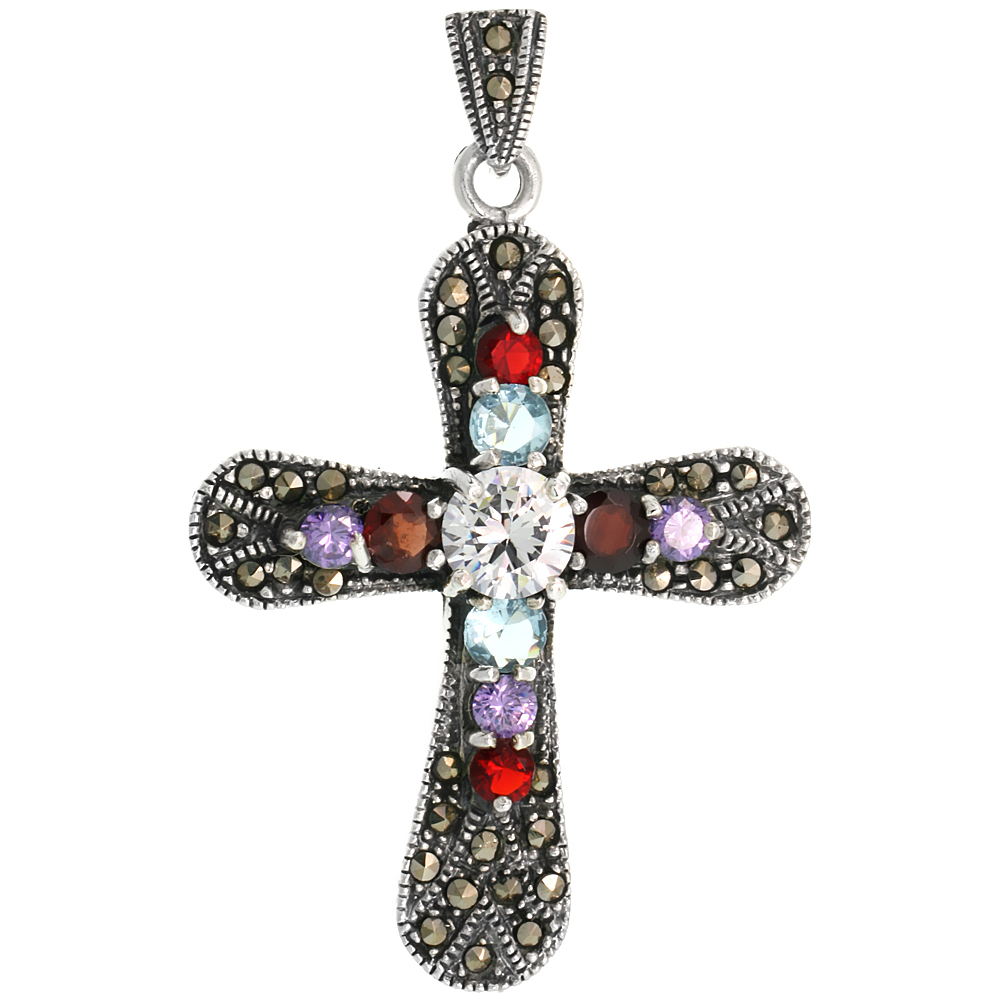 Sterling Silver Marcasite Rounded Cross Pendant, w/ Brilliant Cut Clear, Amethyst, Blue Topaz &amp; Garnet Stones, 2 1/16&quot; (52 mm) t