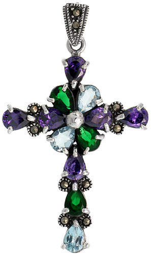 Sterling Silver Marcasite Floral Cross Pendant, w/ Pear Cut Amethyst, Emerald &amp; Blue Topaz CZ Stones, 2&quot; (51 mm) tall