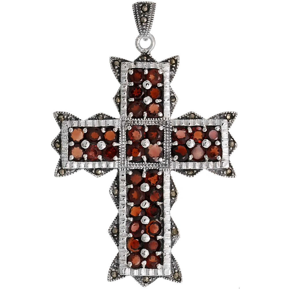 Sterling Silver Marcasite Wavy Cross Pendant, w/ Brilliant Cut Garnet Stones, 2 9/16&quot; (66 mm) tall