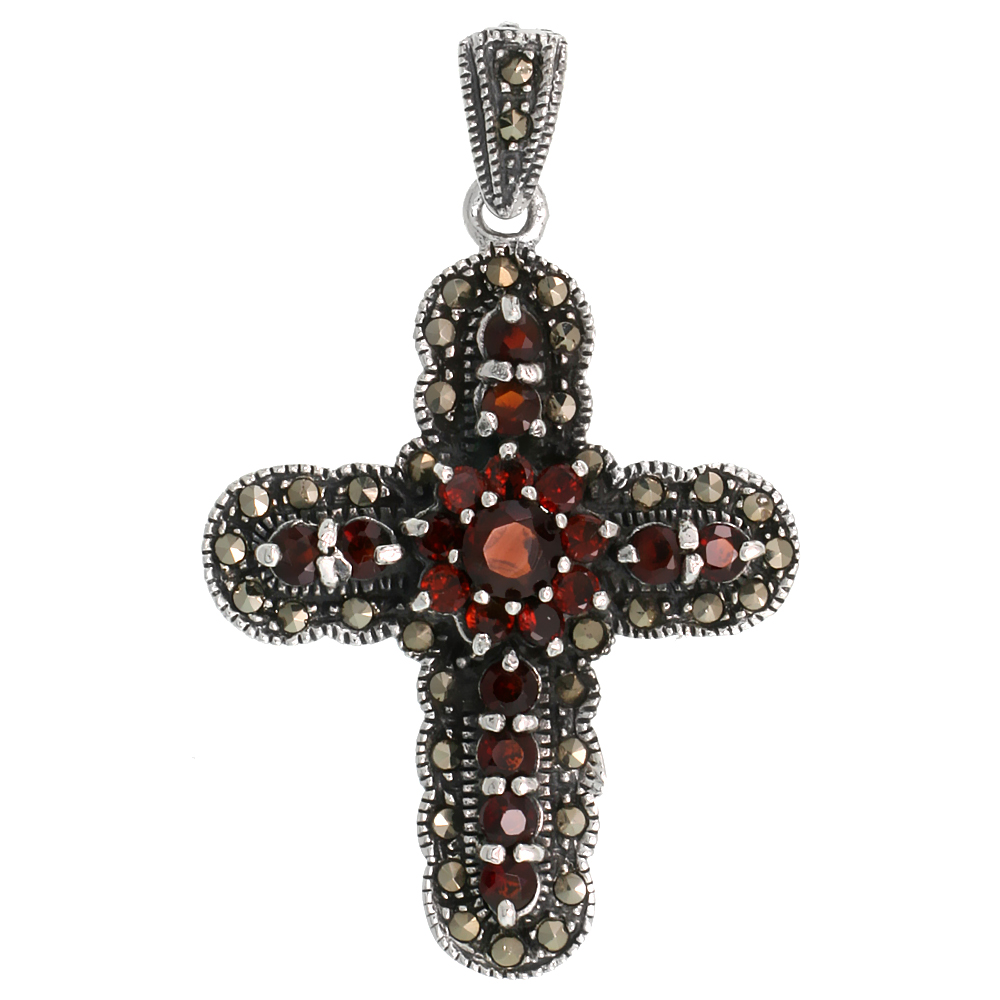 Sterling Silver Marcasite Rounded Cross Pendant, w/ Brilliant Cut Garnet Stones, 1 5/8&quot; (42 mm) tall