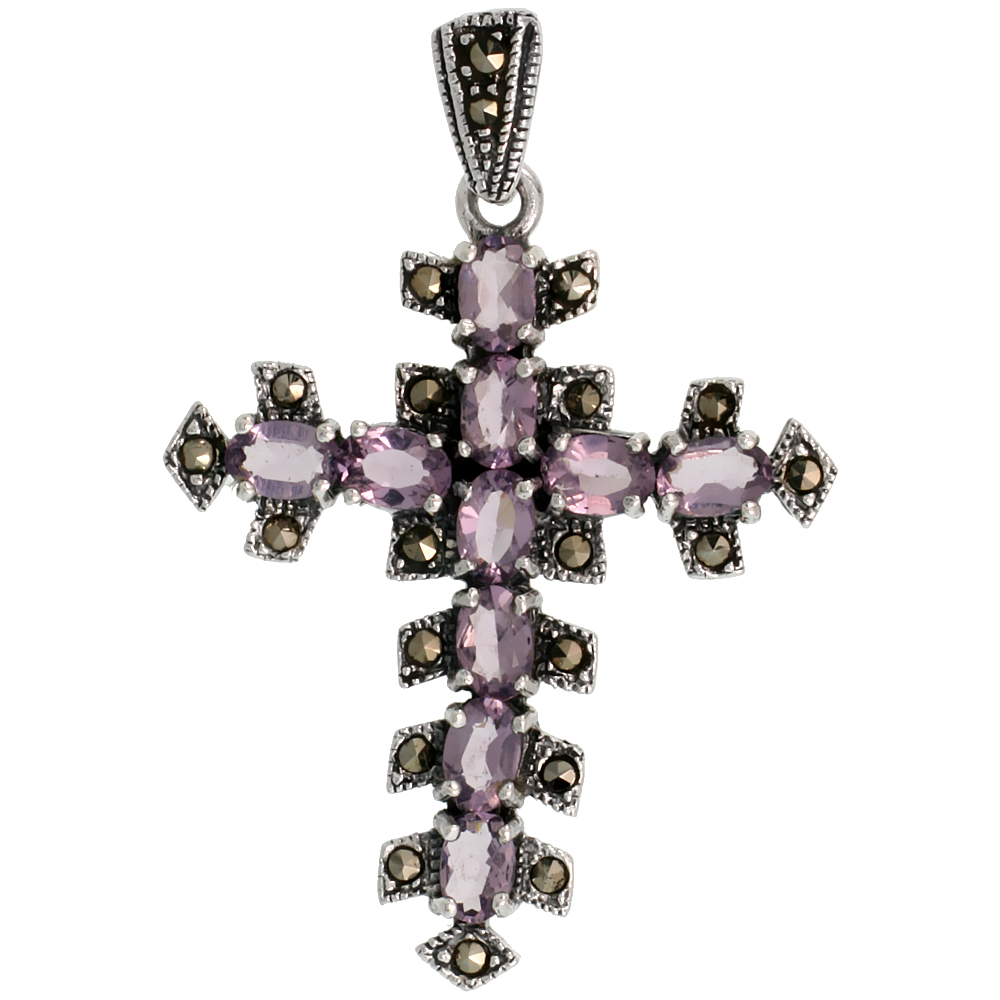 Sterling Silver Marcasite Thorn Cross Pendant, w/ Oval Cut 6x4 mm Amethyst CZ Stones, 1 3/4&quot; (44 mm) tall