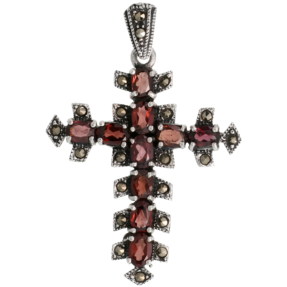 Sterling Silver Marcasite Thorn Cross Pendant, w/ Oval Cut 6x4 mm Garnet Stones, 1 3/4&quot; (44 mm) tall