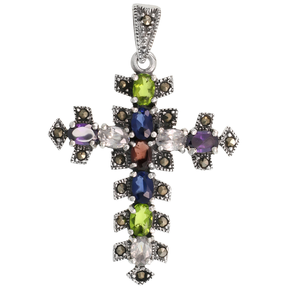 Sterling Silver Marcasite Thorn Cross Pendant, w/ Oval Cut 6x4 mm Multi CZ Stones, 1 3/4&quot; (44 mm) tall