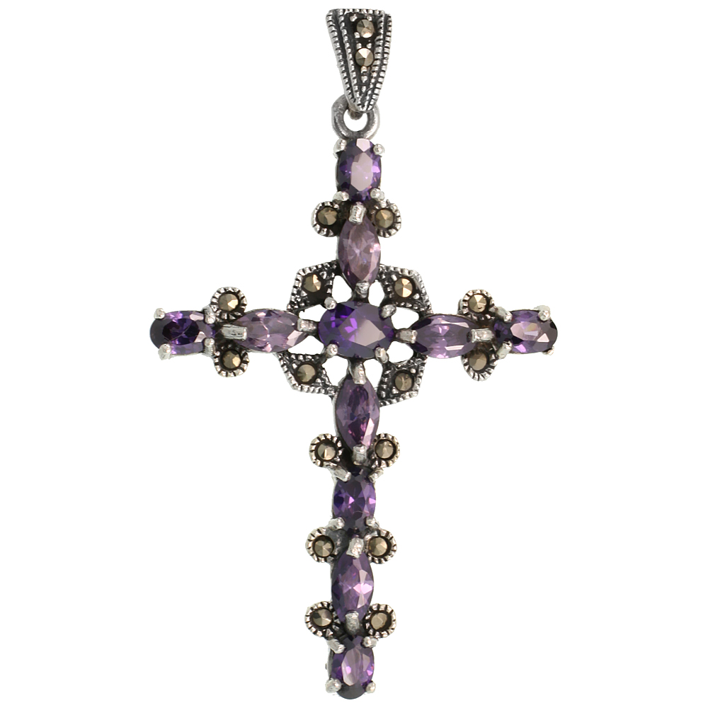 Sterling Silver Marcasite Cross Fleury Pendant, w/ Oval &amp; Marquise Cut Amethyst CZ Stones, 2 1/8&quot; (54 mm) tall