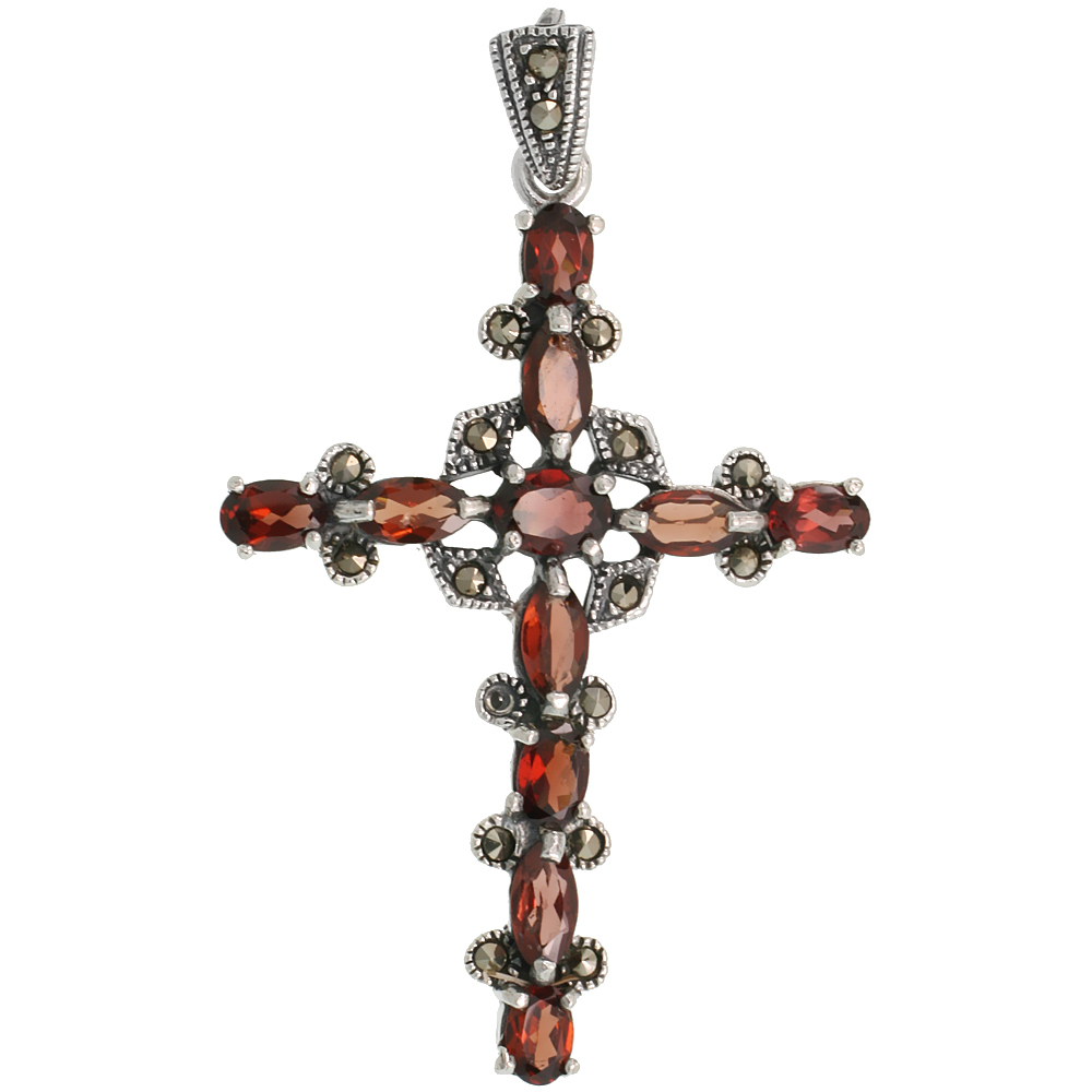 Sterling Silver Marcasite Cross Fleury Pendant, w/ Oval &amp; Marquise Cut Garnet Stones, 2 1/8&quot; (54 mm) tall