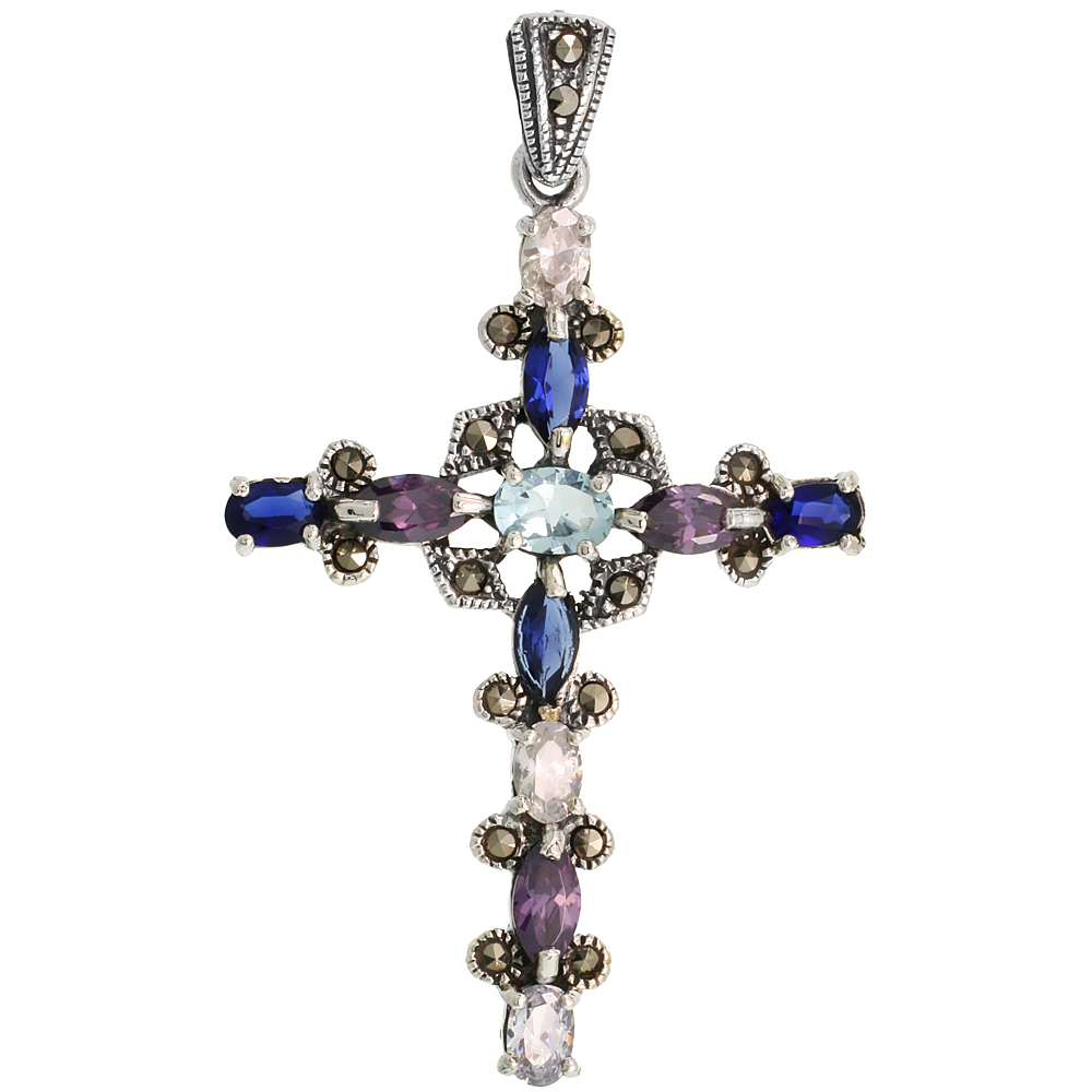 Sterling Silver Marcasite Cross Fleury Pendant, w/ Oval & Marquise Cut Multi CZ Stones, 2 1/8" (54 mm) tall