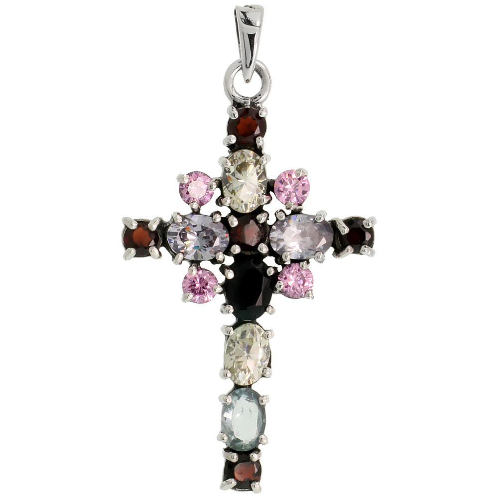 Sterling Silver Marcasite Floral Cross Pendant, w/ Oval &amp; Brilliant Cut Multi CZ Stones, 1 7/8&quot; (47 mm) tall