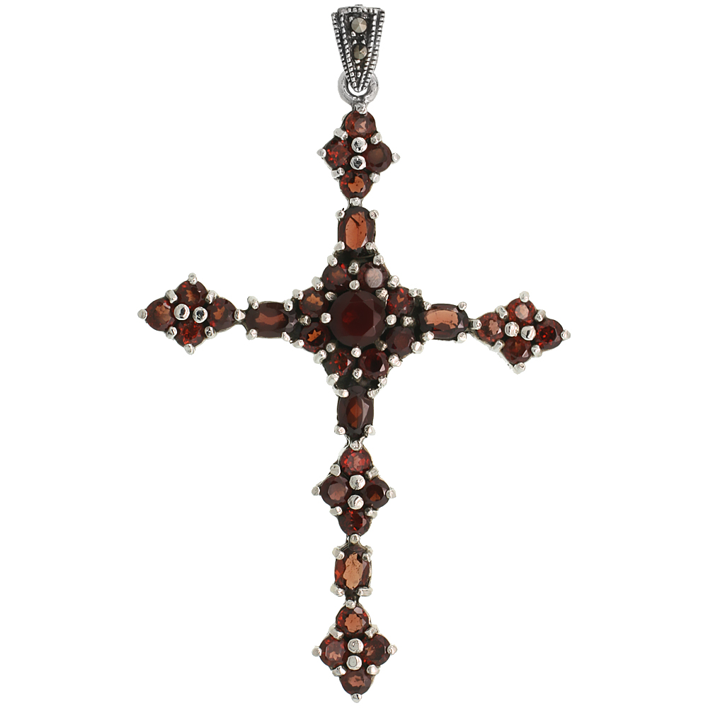 Sterling Silver Marcasite New Coptic Cross Pendant, w/ Oval & Brilliant Cut Garnet Stones, 2 7/8" (73 mm) tall