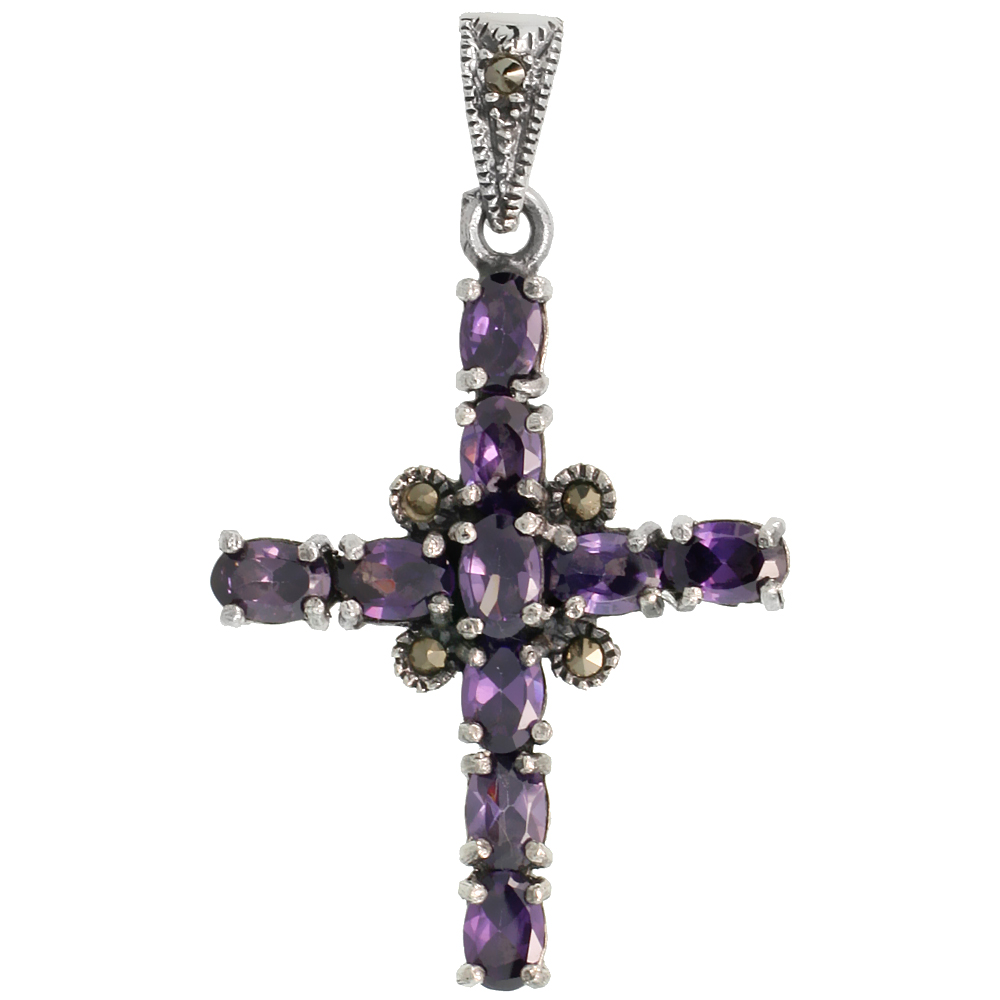 Sterling Silver Marcasite Floral Cross Pendant, w/ Oval Cut 6x4 mm Amethyst CZ Stones, 1 1/2&quot; (39 mm) tall