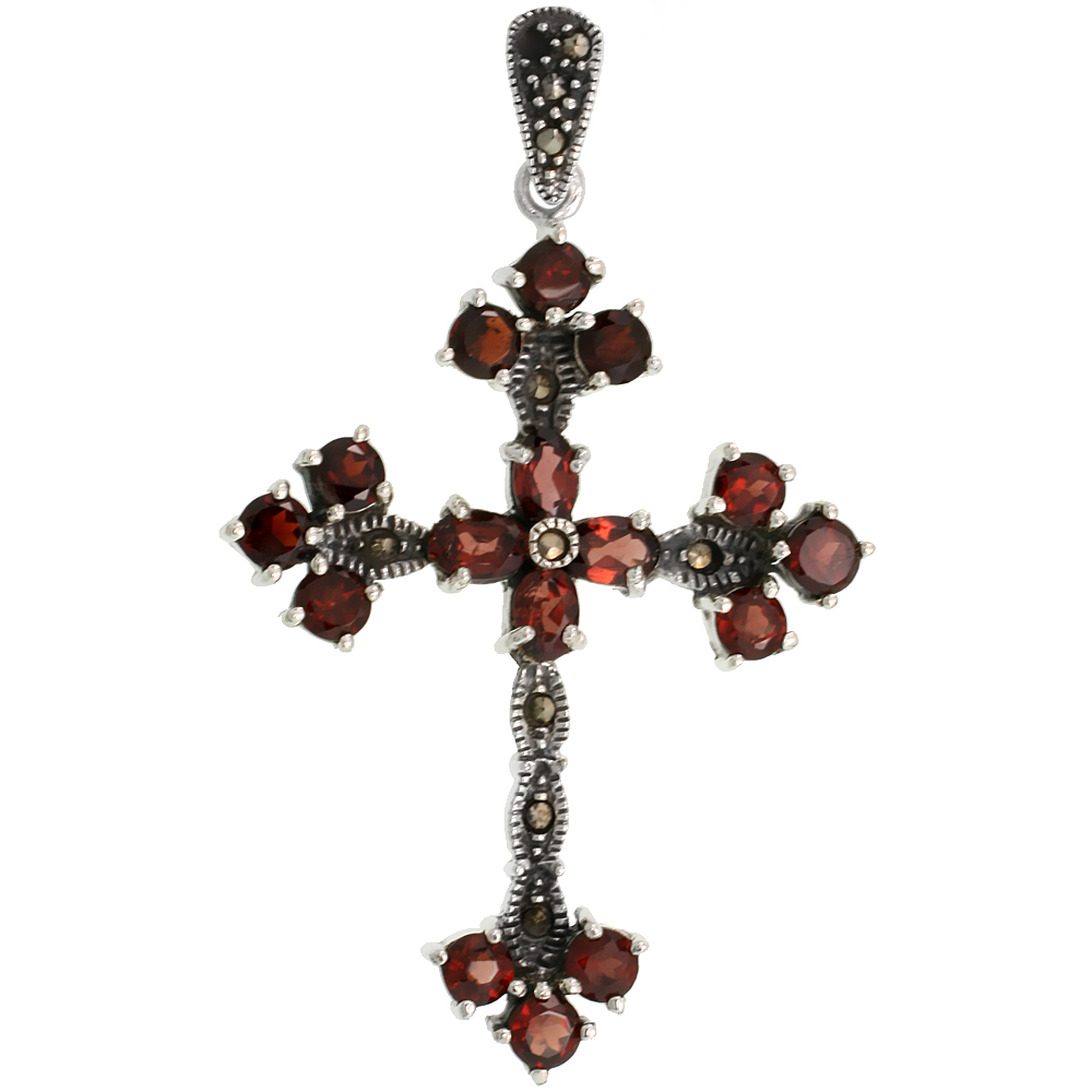 Sterling Silver Marcasite Floral Cross Pendant, w/ Oval &amp; Brilliant Cut Garnet Stones, 2 3/8&quot; (60 mm) tall