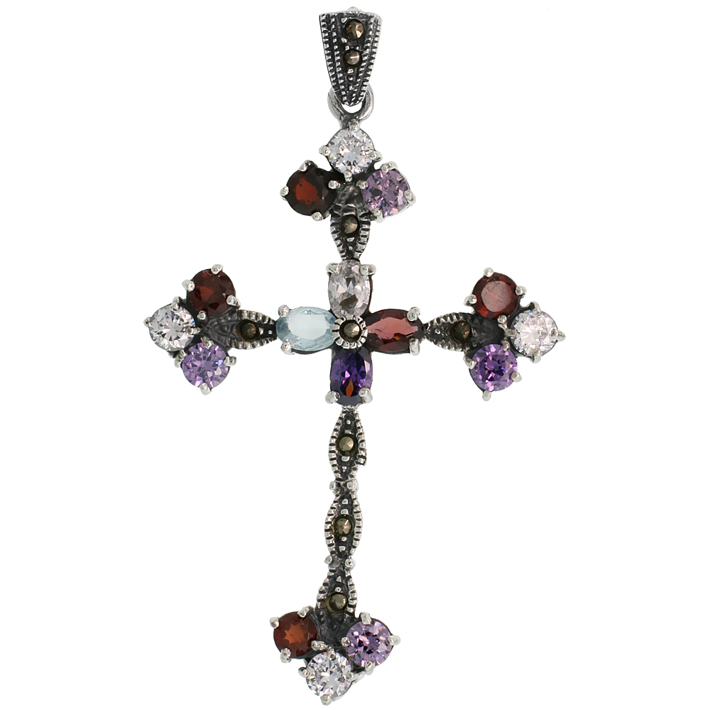 Sterling Silver Marcasite Floral Cross Pendant, w/ Oval &amp; Brilliant Cut Multi CZ Stones, 2 3/8&quot; (60 mm) tall