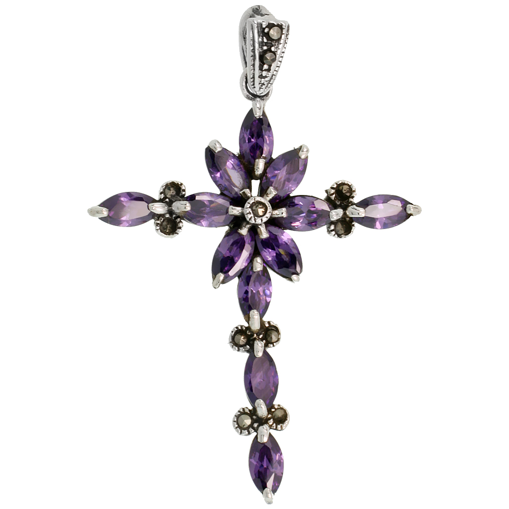 Sterling Silver Marcasite Floral Cross Pendant, w/ Marquise Cut 8x4 mm Amethyst CZ Stones, 1 15/16&quot; (49 mm) tall
