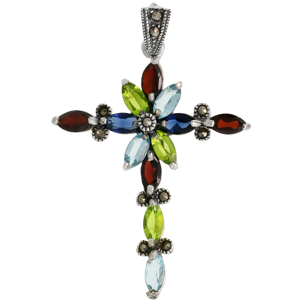Sterling Silver Marcasite Floral Cross Pendant, w/ Marquise Cut 8x4 mm Multi CZ Stones, 1 15/16&quot; (49 mm) tall