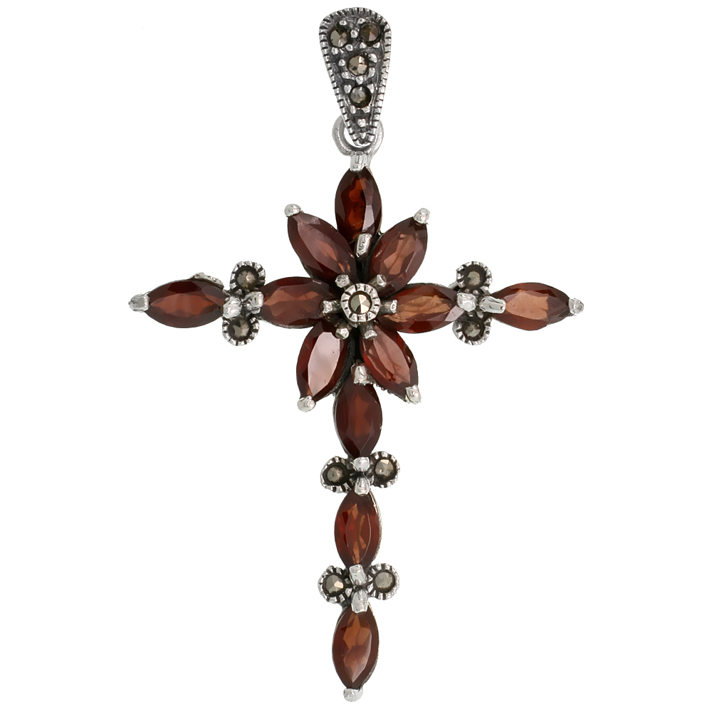 Sterling Silver Marcasite Floral Cross Pendant, w/ Marquise Cut 8x4 mm Garnet Stones, 1 15/16&quot; (49 mm) tall