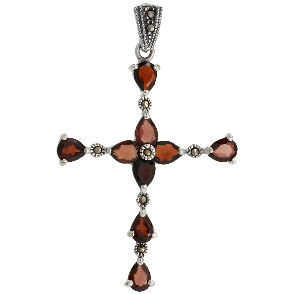 Sterling Silver Marcasite Floral Cross Pendant, w/ Pear Cut 7x5 mm Garnet Stones, 2 1/8&quot; (54 mm) tall