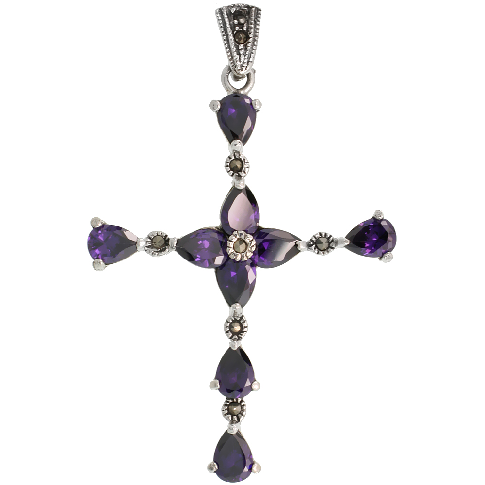 Sterling Silver Marcasite Floral Cross Pendant, w/ Pear Cut 7x5 mm Amethyst CZ Stones, 2 1/8&quot; (54 mm) tall