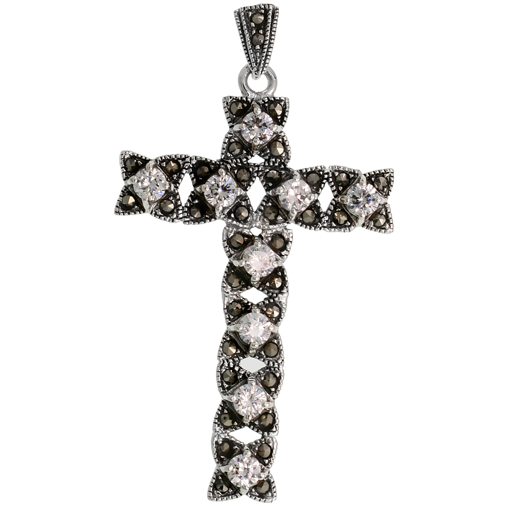 Sterling Silver Marcasite Crisscross Cross Pendant, w/ Brilliant Cut 4 mm CZ Stones, 2 3/8&quot; (61 mm) tall