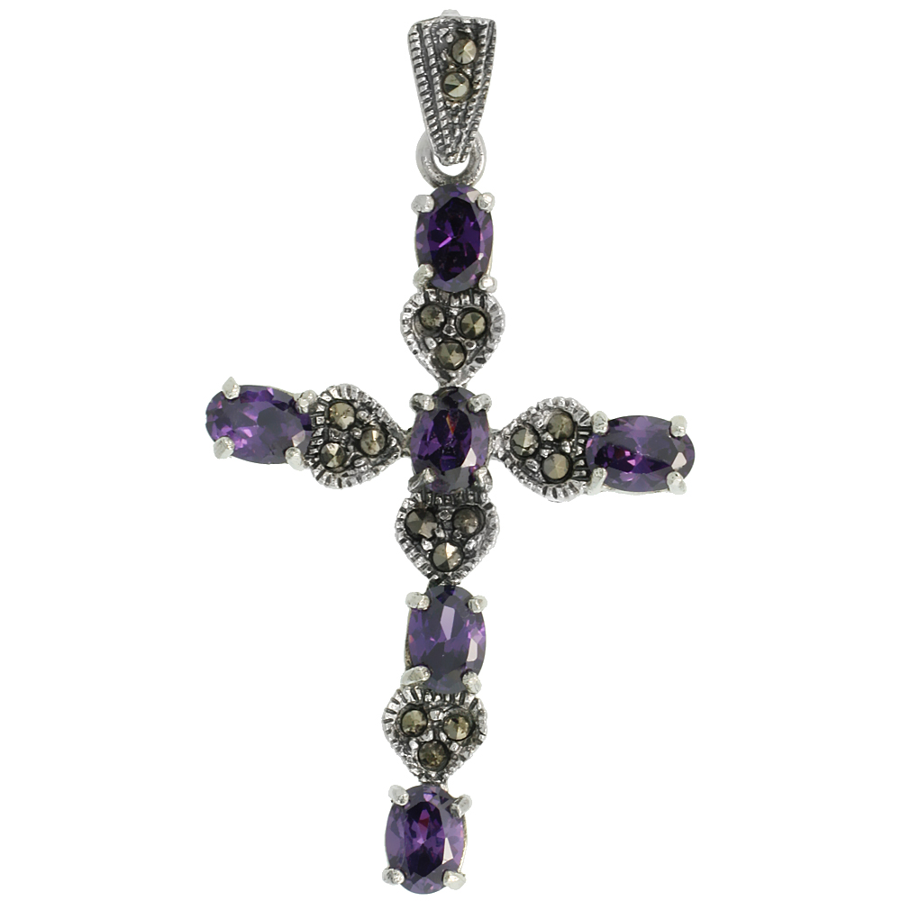 Sterling Silver Marcasite Hearts on Cross Pendant, w/ Oval Cut 6x4 mm Amethyst CZ Stones, 1 7/8&quot; (48 mm) tall