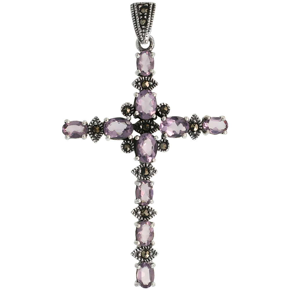 Sterling Silver Marcasite Floral Cross Pendant, w/ Oval Cut Amethyst CZ Stones, 2 5/16&quot; (59 mm) tall