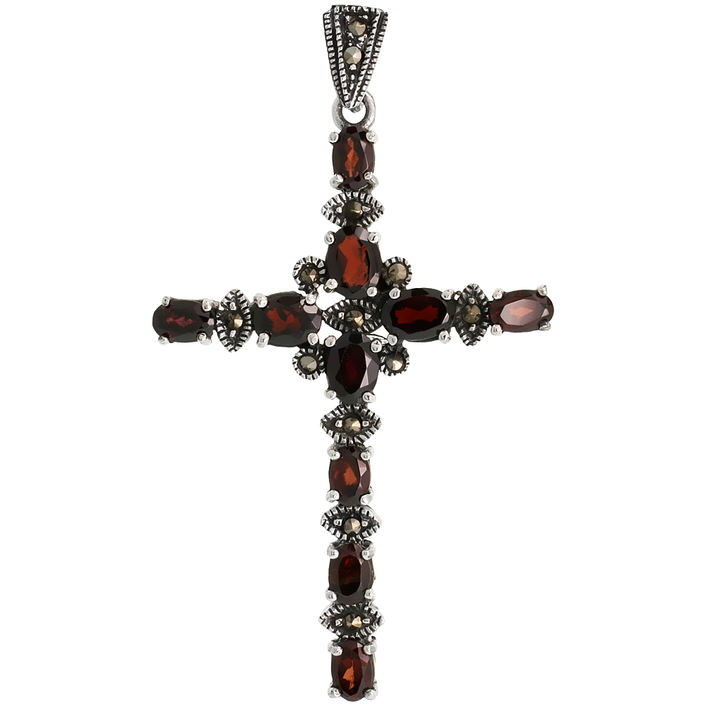 Sterling Silver Marcasite Floral Cross Pendant, w/ Oval Cut Garnet Stones, 2 5/16&quot; (59 mm) tall