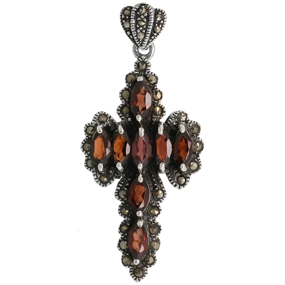 Sterling Silver Marcasite Sword Cross Pendant, w/ Marquise Cut 8x4 mm Garnet Stones, 1 7/8&quot; (48 mm) tall