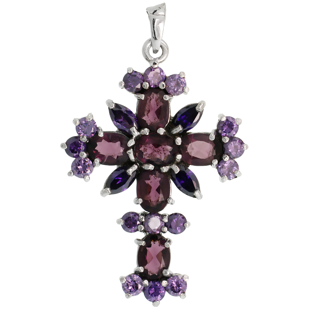 Sterling Silver Marcasite Floral Cross Pendant, w/ Brilliant, Oval & Marquise Cut Amethyst CZ Stones, 1 7/8" (48 mm) tall