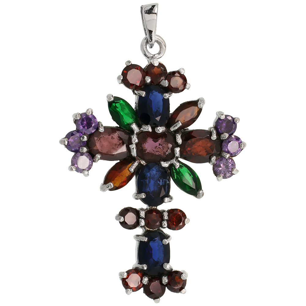 Sterling Silver Marcasite Floral Cross Pendant, w/ Brilliant, Oval &amp; Marquise Cut Multi CZ Stones, 1 7/8&quot; (48 mm) tall