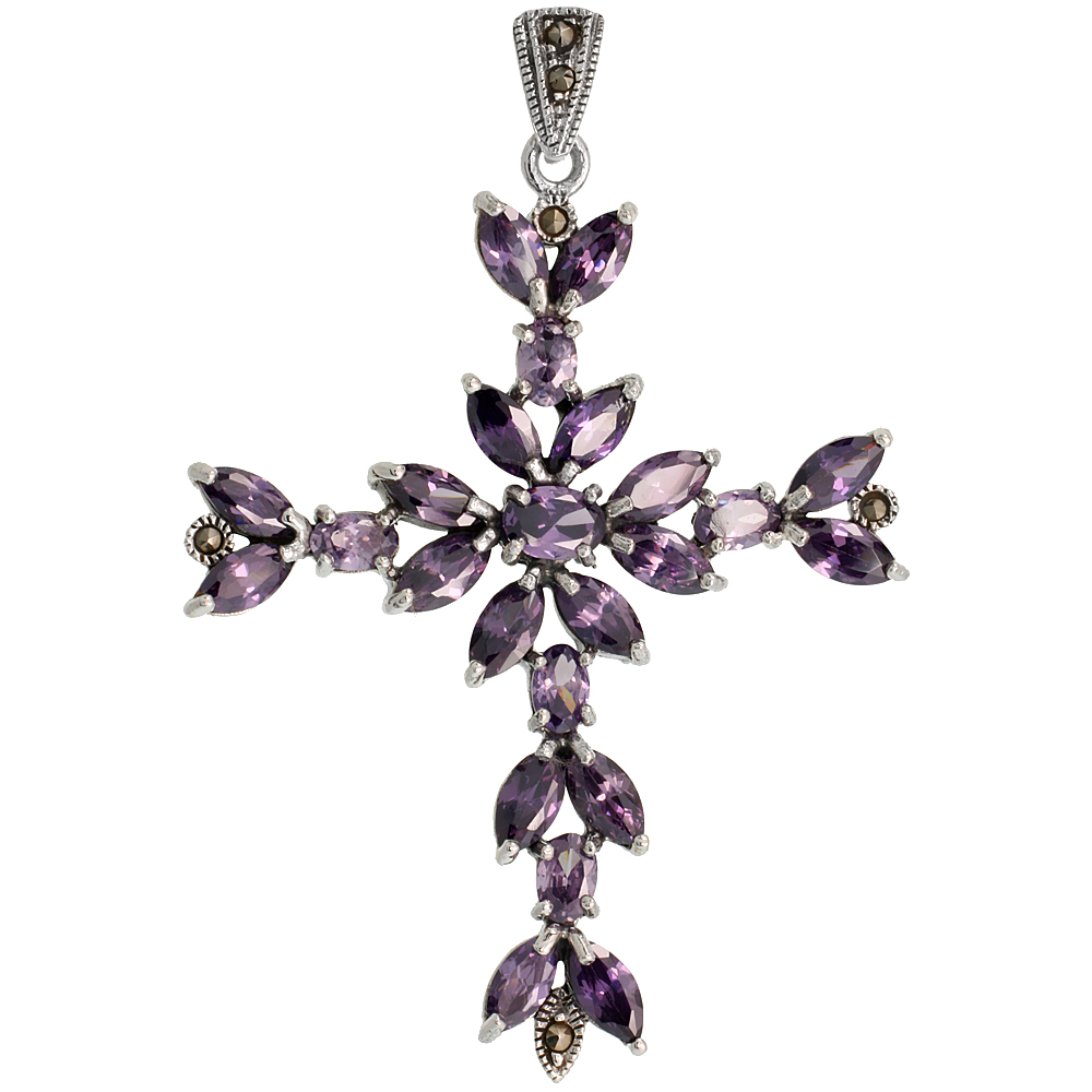 Sterling Silver Marcasite Floral Cross Pendant, w/ Oval & Marquise Cut Amethyst CZ Stones, 2 1/2" (63 mm) tall