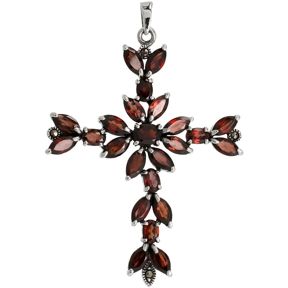 Sterling Silver Marcasite Floral Cross Pendant, w/ Oval &amp; Marquise Cut Garnet Stones, 2 1/2&quot; (63 mm) tall