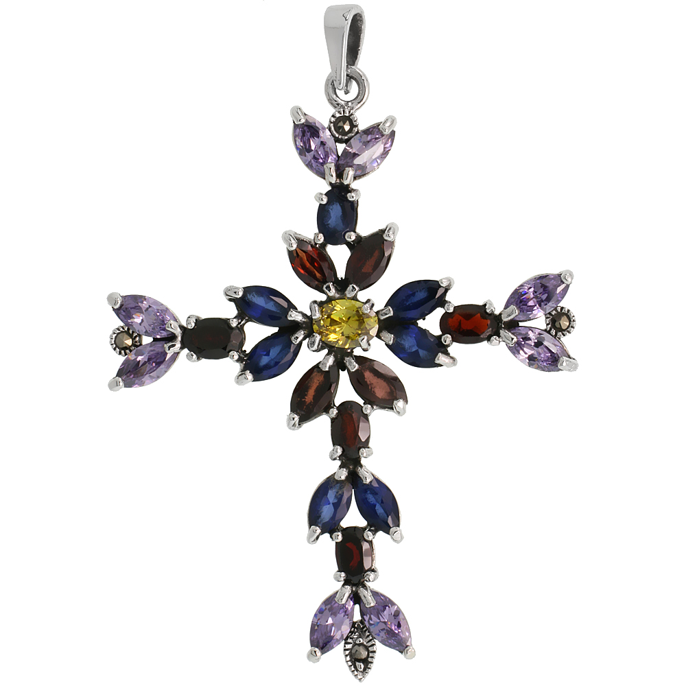 Sterling Silver Marcasite Floral Cross Pendant, w/ Oval & Marquise Cut Multi CZ Stones, 2 1/2" (63 mm) tall