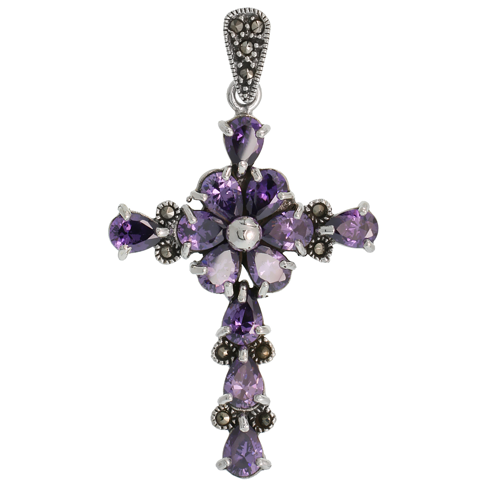 Sterling Silver Marcasite Floral Cross Pendant, w/ Pear Cut 7x5 mm Amethyst CZ Stones, 2&quot; (50 mm) tall
