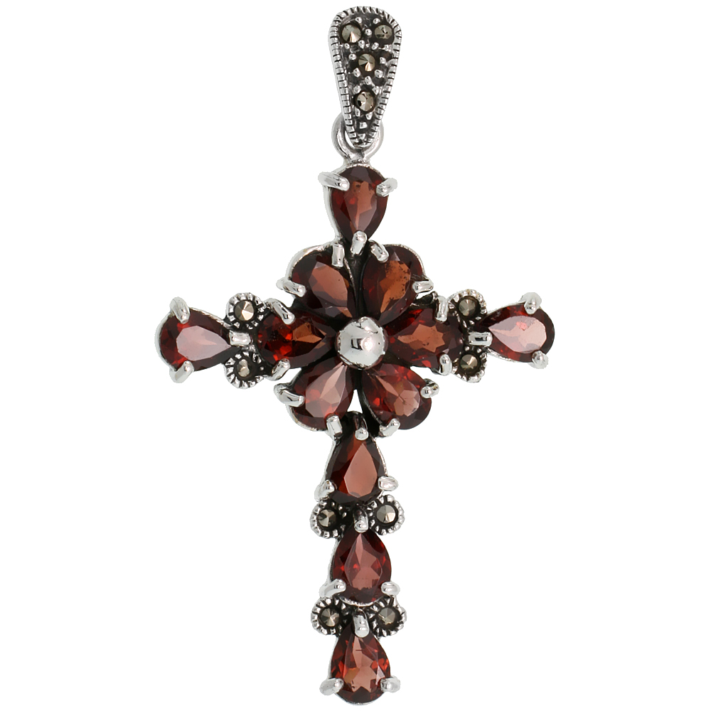 Sterling Silver Marcasite Floral Cross Pendant, w/ Pear Cut 7x5 mm Garnet Stones, 2&quot; (50 mm) tall