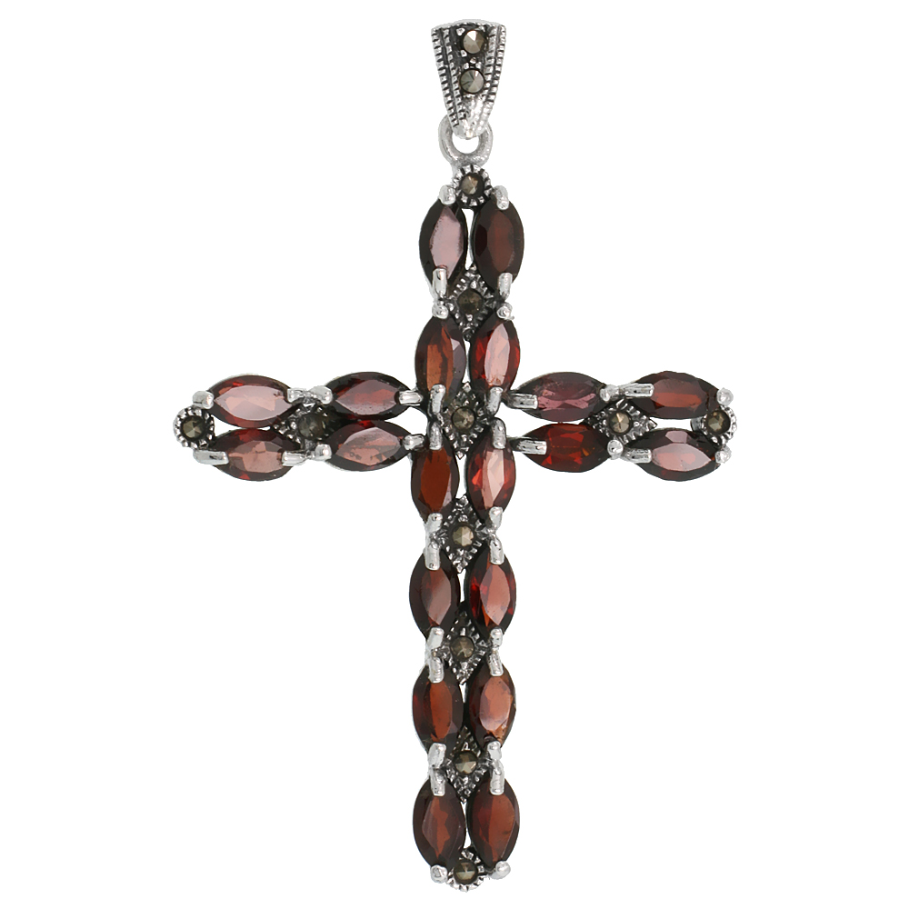 Sterling Silver Marcasite Latin Cross Pendant, w/ Marquise Cut 8x4 mm Garnet Stones, 2 1/2&quot; (63 mm) tall