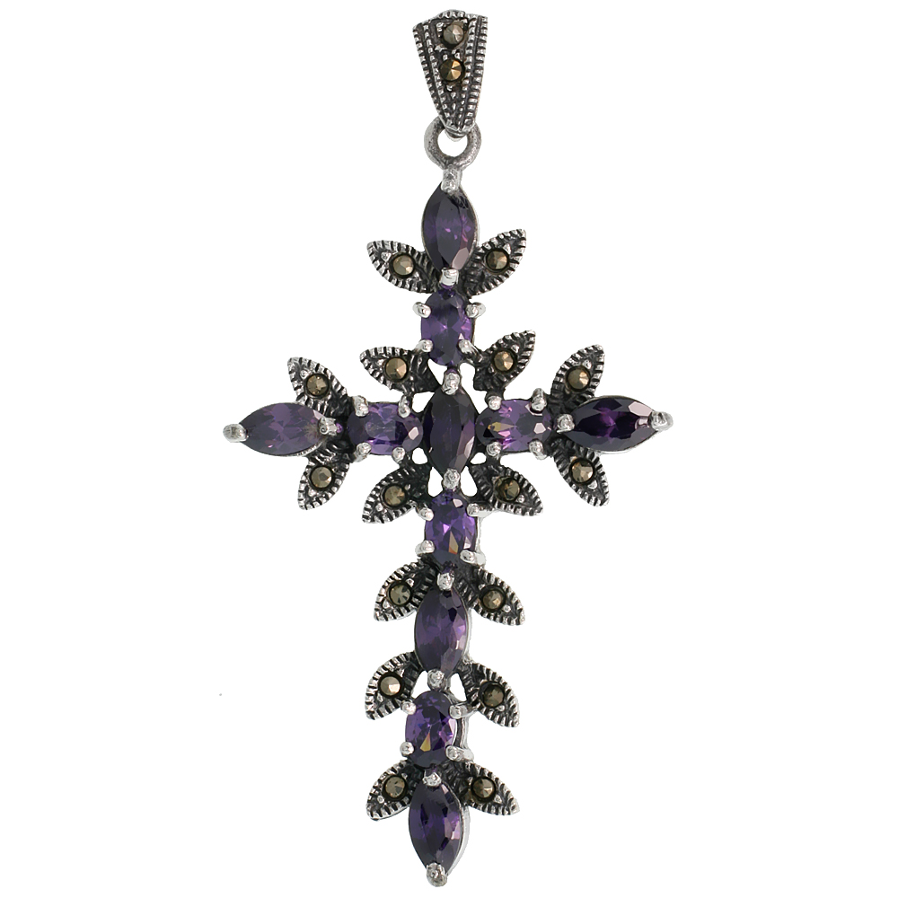 Sterling Silver Marcasite Thorn Cross Pendant, w/ Marquise &amp; Oval Cut Amethyst CZ Stones, 2 1/4&quot; (58 mm) tall