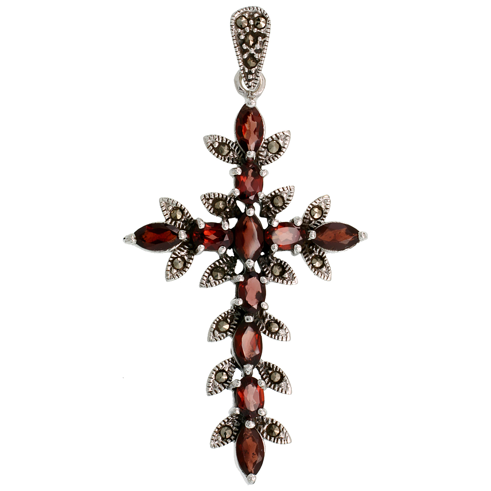 Sterling Silver Marcasite Thorn Cross Pendant, w/ Marquise & Oval Cut Garnet Stones, 2 1/4" (58 mm) tall