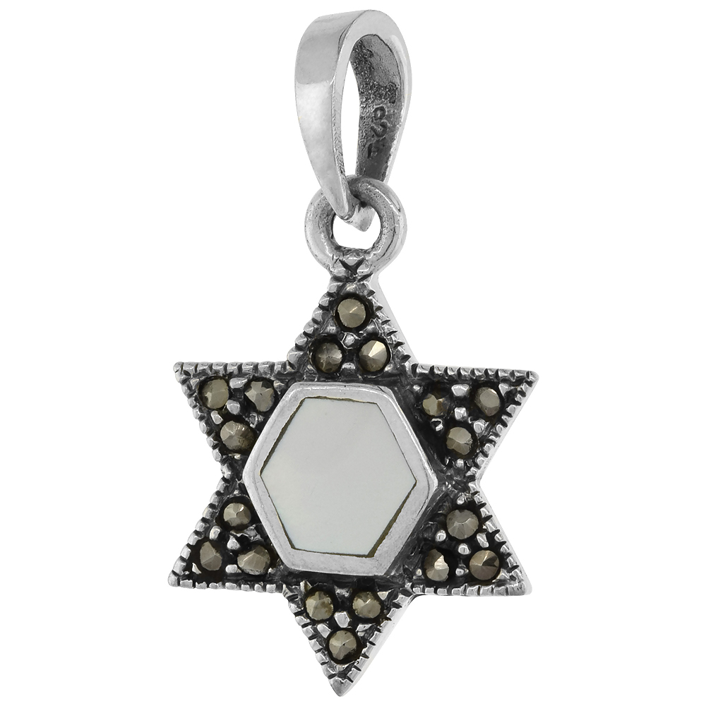 Sterling Silver Marcasite Star of David Pendant White, 21/32 inch wide