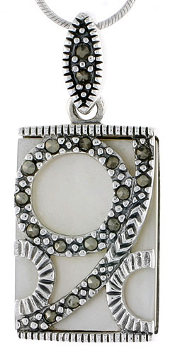 Marcasite Rectangular Pendant in Sterling Silver, w/ Mother of Pearl, 1 7/16&quot; (37 mm) tall