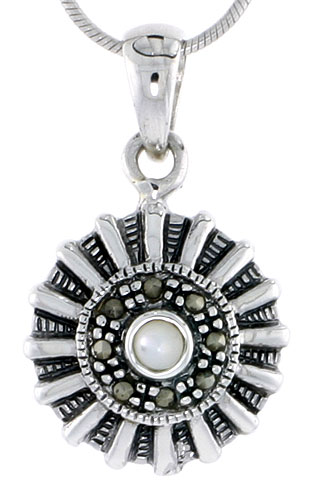 Marcasite Pendant in Sterling Silver, w/ Mother of Pearl, 13/16&quot; (21 mm) tall