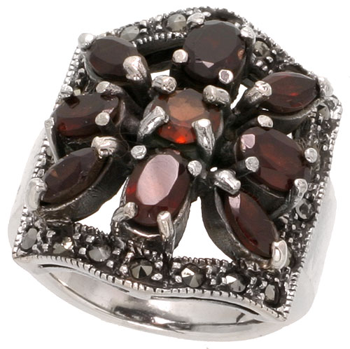 Sterling Silver Marcasite Floral Ring W/ Brilliant, Oval &amp; Natural Garnet, 15/16&quot; (23 mm) wide