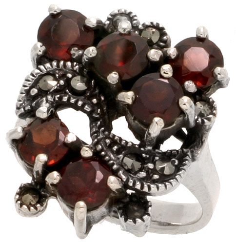 Sterling Silver Marcasite Freeform Ring, w/ Brilliant Cut Natural Garnet, 7/8&quot; (22 mm) wide