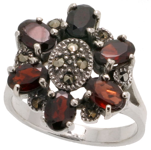 Sterling Silver Marcasite Flower Ring, w/ Oval Cut Natural Garnet, 13/16" (21 mm) wide