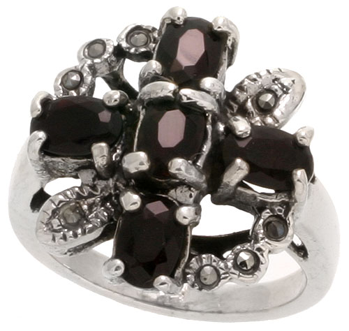 Sterling Silver Marcasite Cross &amp; Wreath Ring, w/ Oval Cut Natural Garnet, 3/4&quot; (19 mm) wide